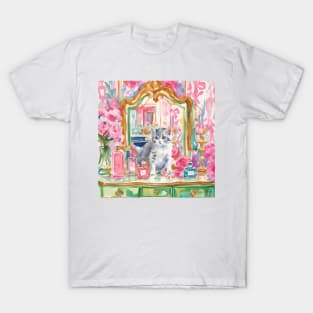 Kitten and vanity mirror, whimsical art print T-Shirt